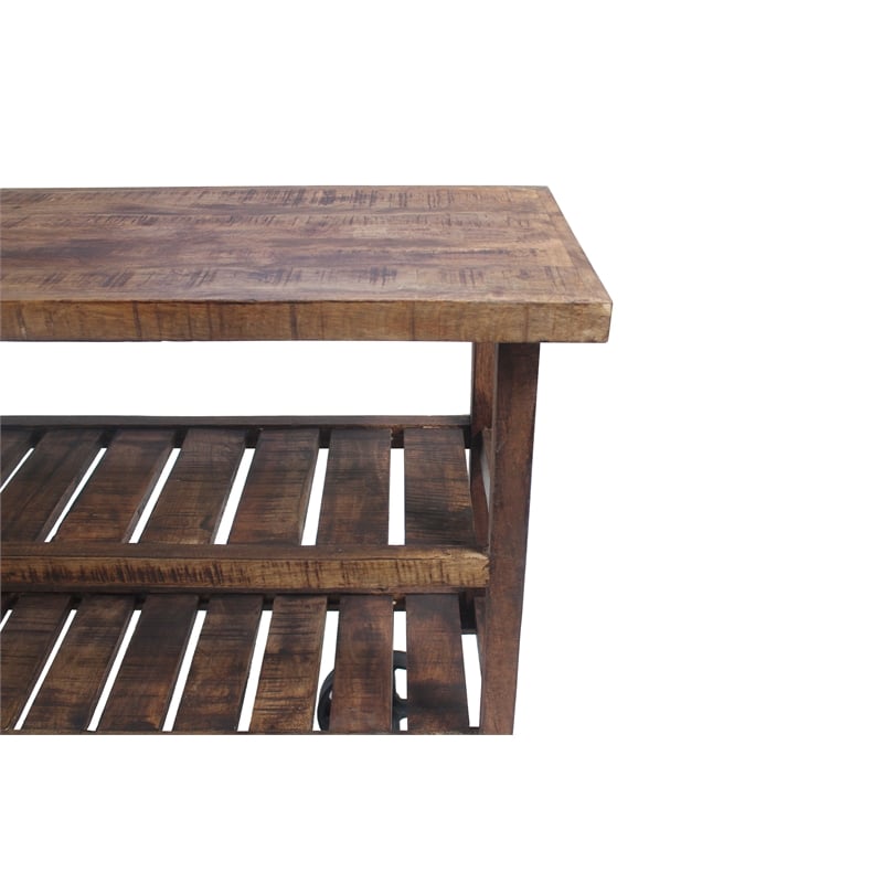 Golden Solid Wood Trolley Console with Shelves on Cast Iron Wheels in Natural