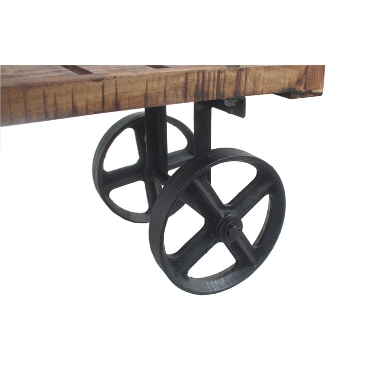 Golden Solid Wood Trolley Console with Shelves on Cast Iron Wheels in Natural