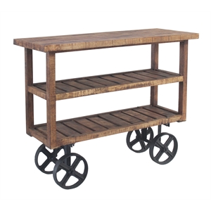 Golden Solid Wood Trolley Console with Shelves on Cast Iron Wheels in Natural