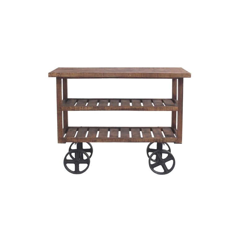 Golden Solid Wood Trolley Console with Shelves on Cast Iron Wheels in Natural