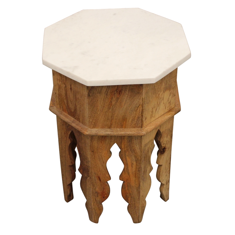 Orlando Pillar Solid Wood Octagonal Side Table with Marble Top in Ivory