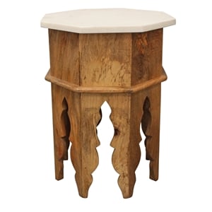 Orlando Pillar Solid Wood Octagonal Side Table with Marble Top in Ivory