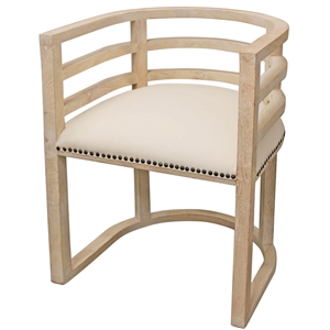 nueva solid wood barrel chair with linen fabric in natural and metal accents