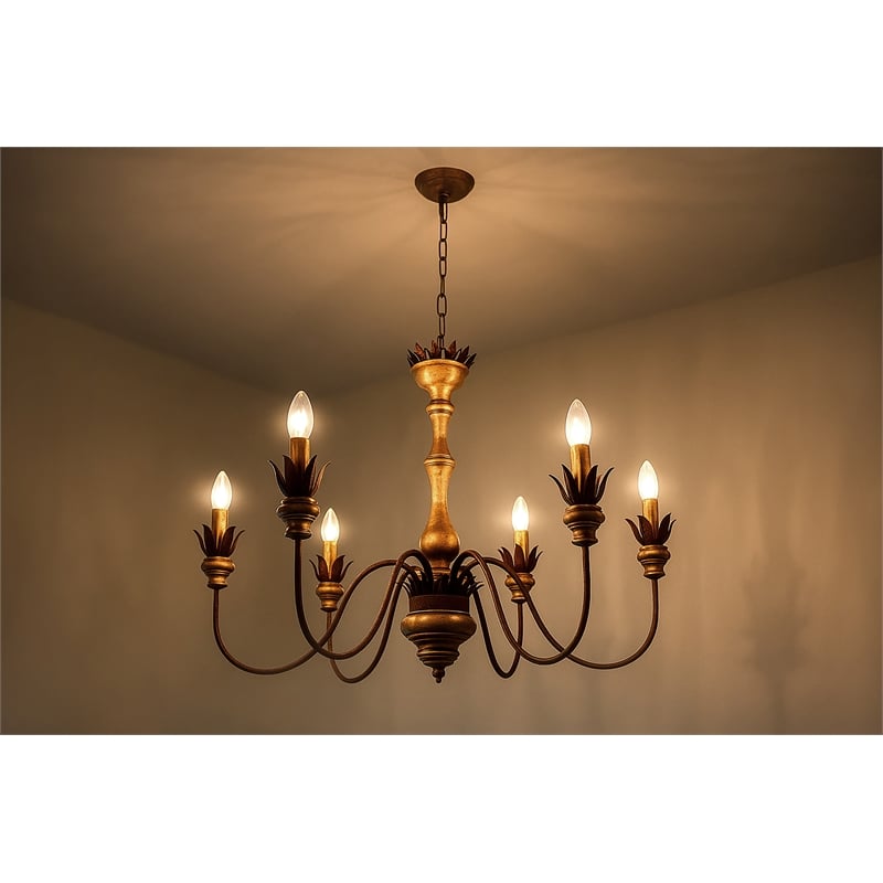 Flore Pendant Lighting Fixture on Vintage Cast Iron Finished in Gold