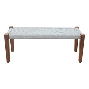 Benches in Teak Solid Wood with Ivory Jute Upholstered Seat - Set of 2