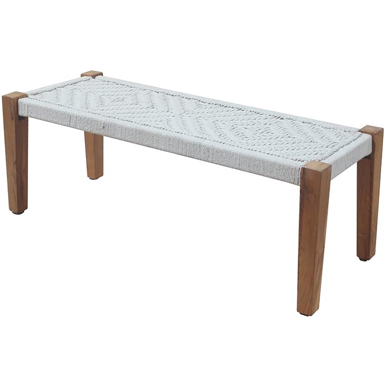 Benches in Teak Solid Wood with Ivory Jute Upholstered Seat - Set of 2