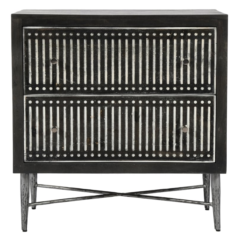 Sarah 2 Drawer Nightstand in Mango Solid Wood Antique Brown Finish on Iron Base