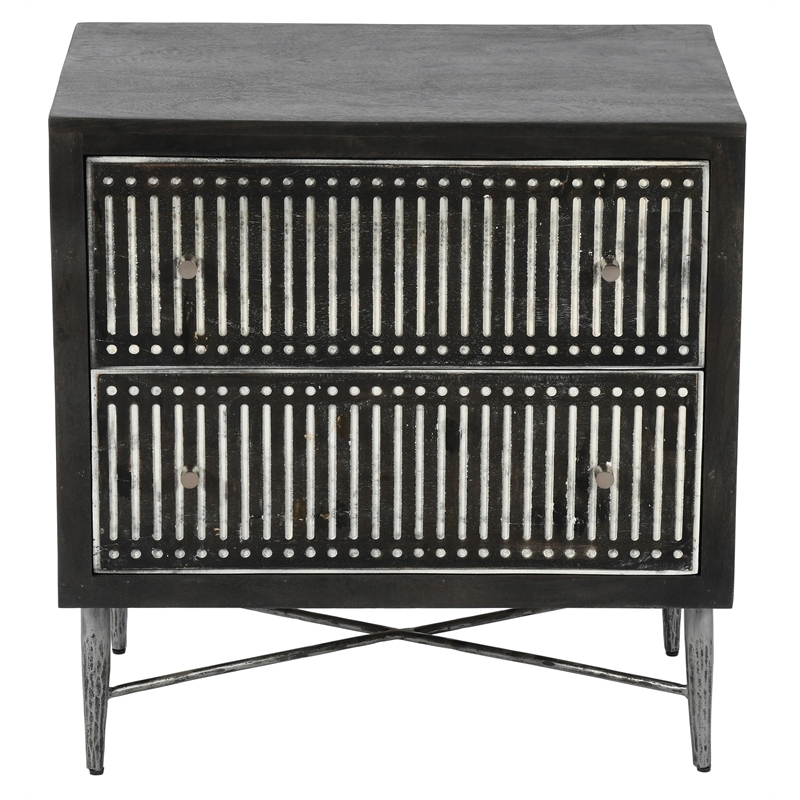 Sarah 2 Drawer Nightstand in Mango Solid Wood Antique Brown Finish on Iron Base