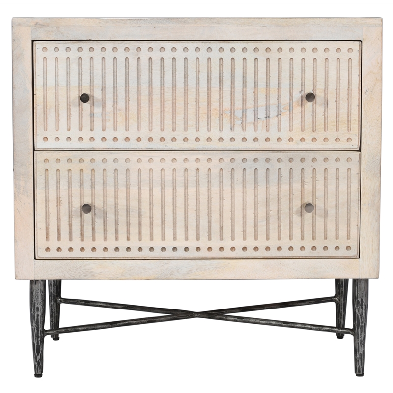 Sarah 2 Drawer Nightstand in Mango Solid Wood Brushed Ivory Finish on Iron Base