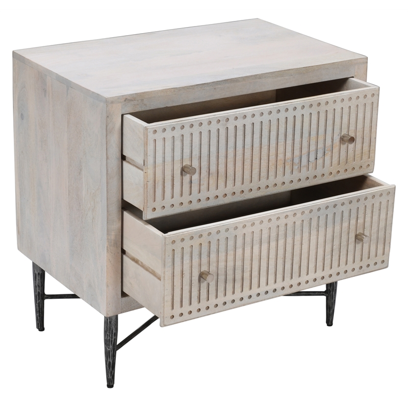 Sarah 2 Drawer Nightstand in Mango Solid Wood Brushed Ivory Finish on Iron Base