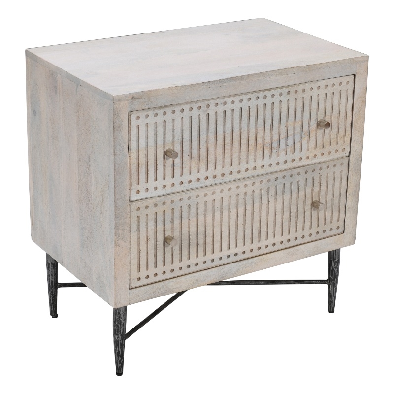 Sarah 2 Drawer Nightstand in Mango Solid Wood Brushed Ivory Finish on Iron Base