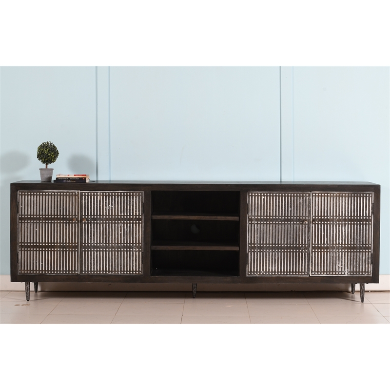 Sarah 4 Door Media Cabinet Mango Solid Wood Antique Brown Finish on Iron Base