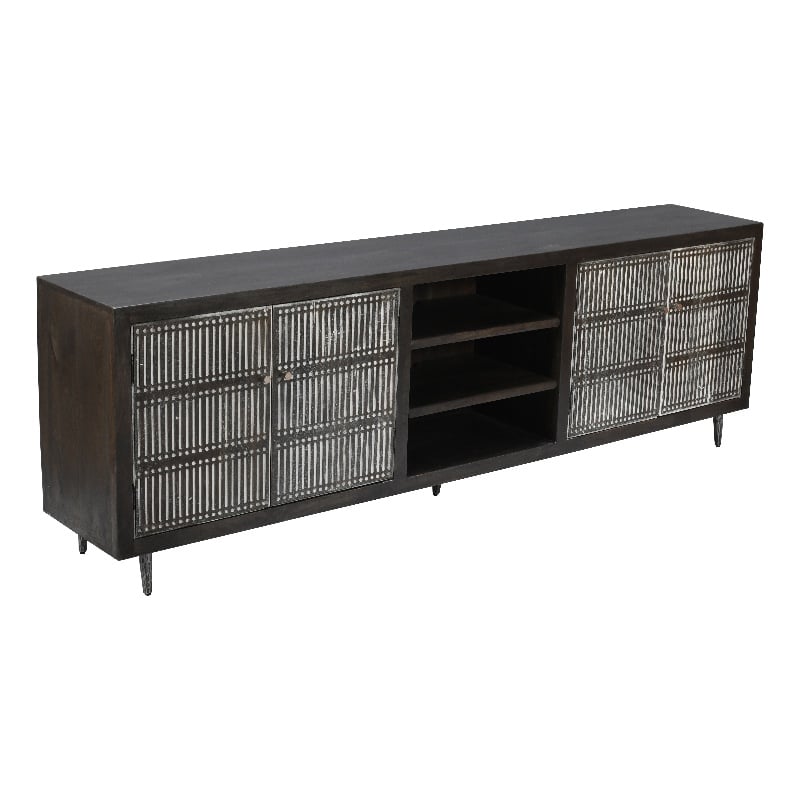 Sarah 4 Door Media Cabinet Mango Solid Wood Antique Brown Finish on Iron Base