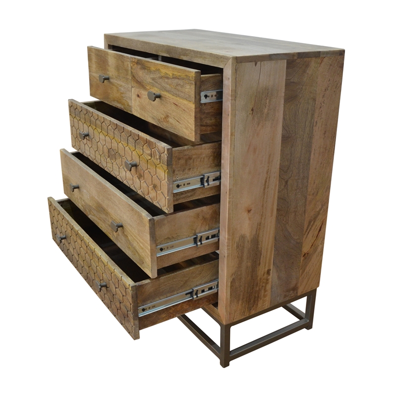 Harlow 5 Drawer Dresser Solid Wood Natural Finish on Brass-Finished Iron Frame