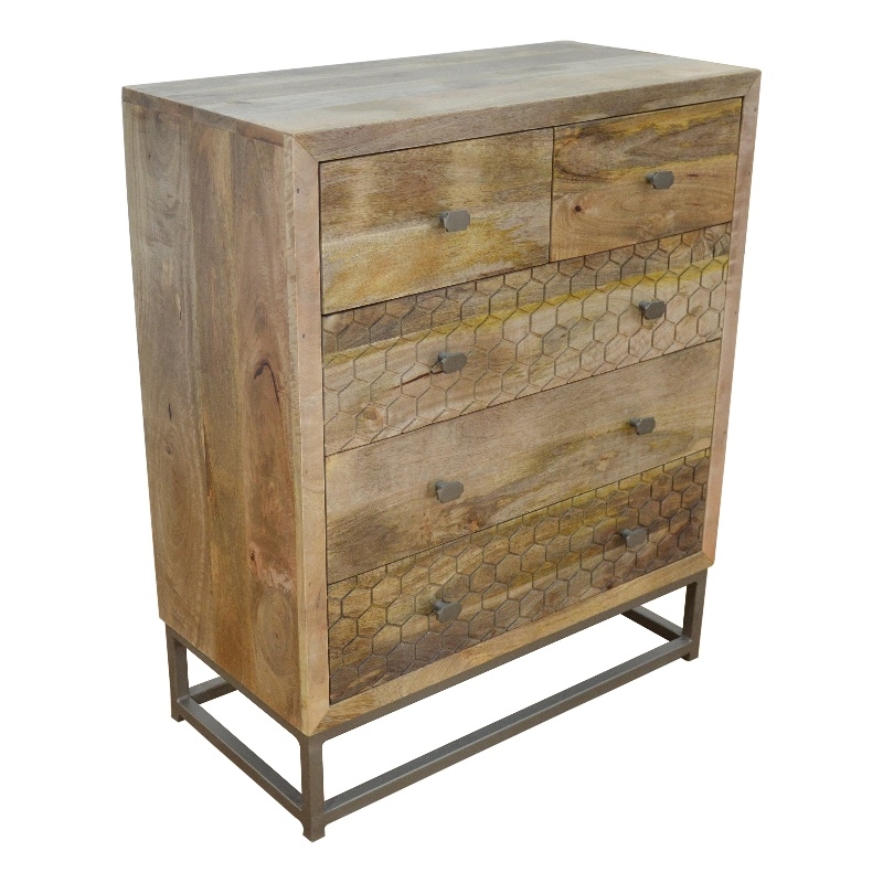 Harlow 5 Drawer Dresser Solid Wood Natural Finish on Brass-Finished Iron Frame