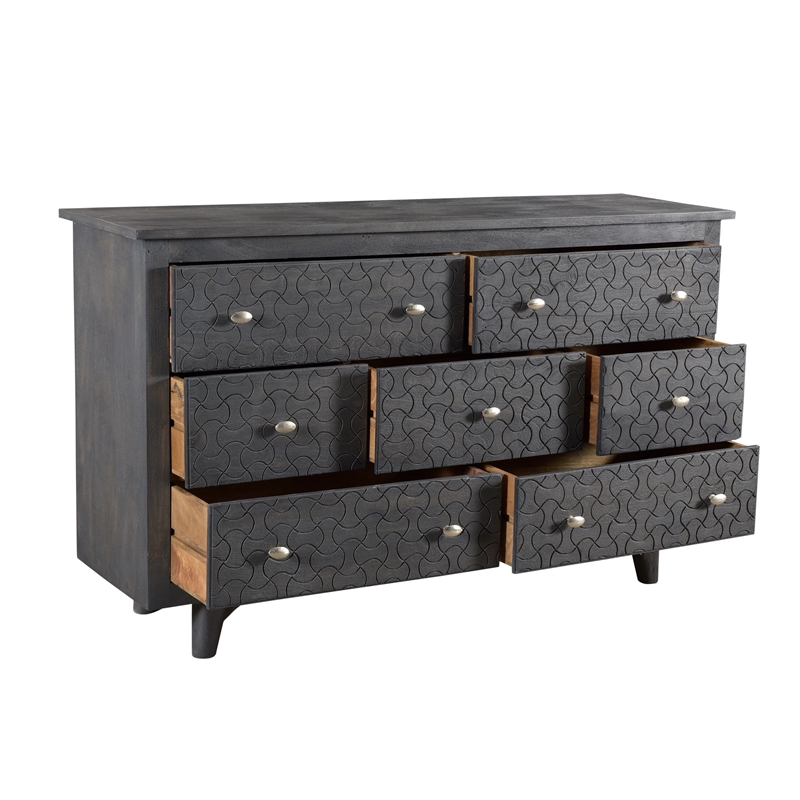 Gridley Hand-Carved 7-Drawer Dresser on Mango Solid Wood in Gray Wash