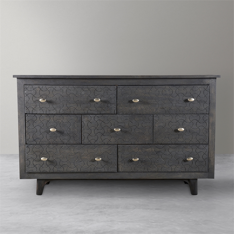 Gridley Hand-Carved 7-Drawer Dresser on Mango Solid Wood in Gray Wash