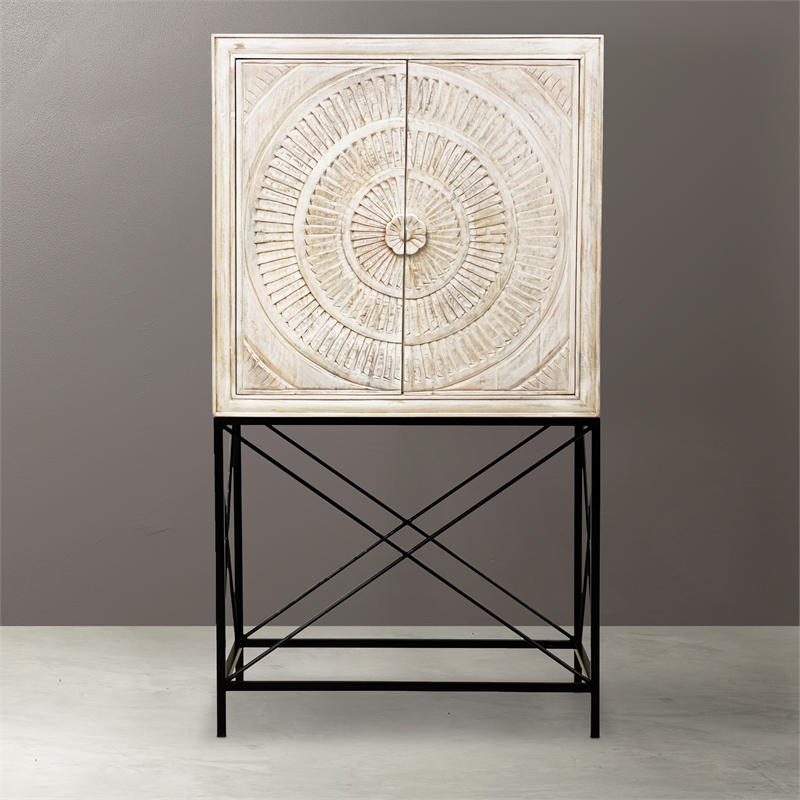 Albert Solid Wood Wine Cabinet with 2 Hand-Carved Doors in Distressed White