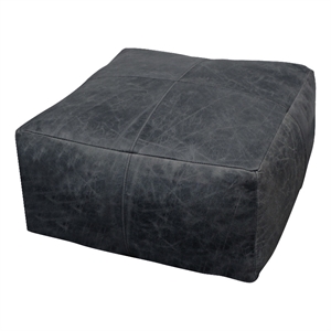 Java Pouf 22&quot Upholstered in Genuine Leather in Antique Black Contrast Stitching