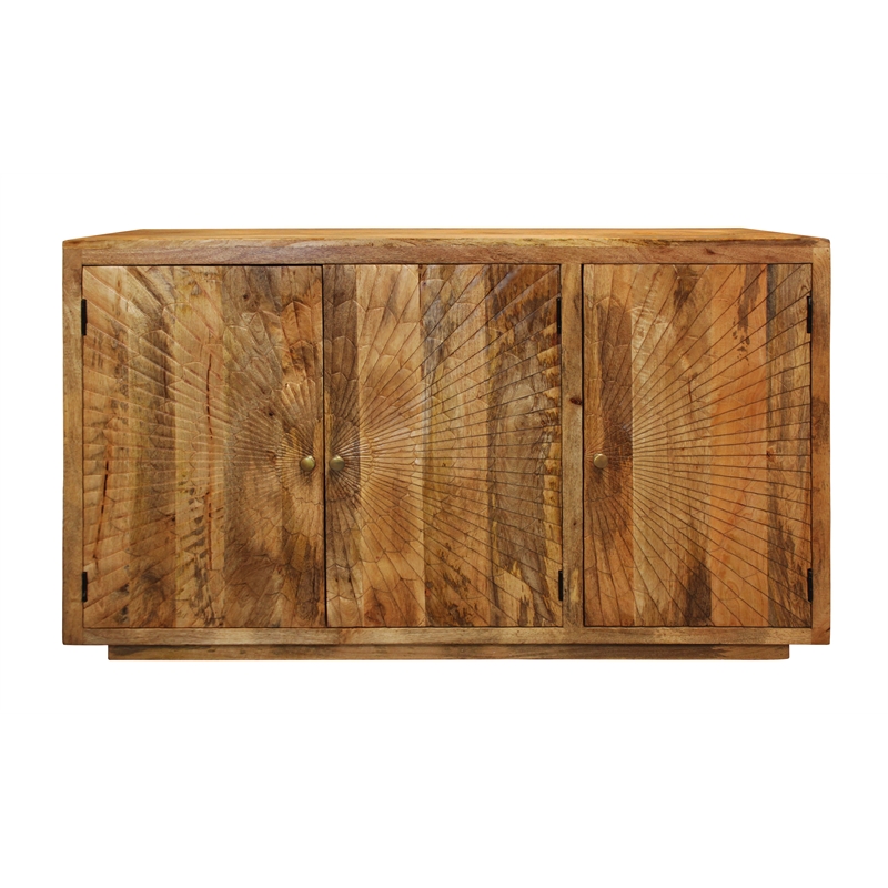 Moti Sunbright 3 Hand Carved Doors Mid-Century Solid Wood Sideboard in Natural
