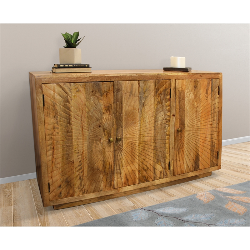 Moti Sunbright 3 Hand Carved Doors Mid-Century Solid Wood Sideboard in Natural