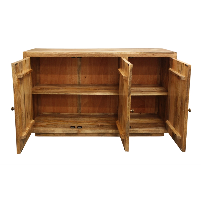 Moti Sunbright 3 Hand Carved Doors Mid-Century Solid Wood Sideboard in Natural