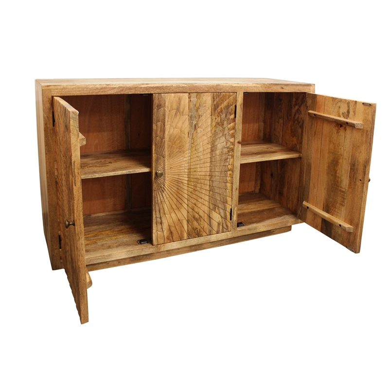 Moti Sunbright 3 Hand Carved Doors Mid-Century Solid Wood Sideboard in Natural