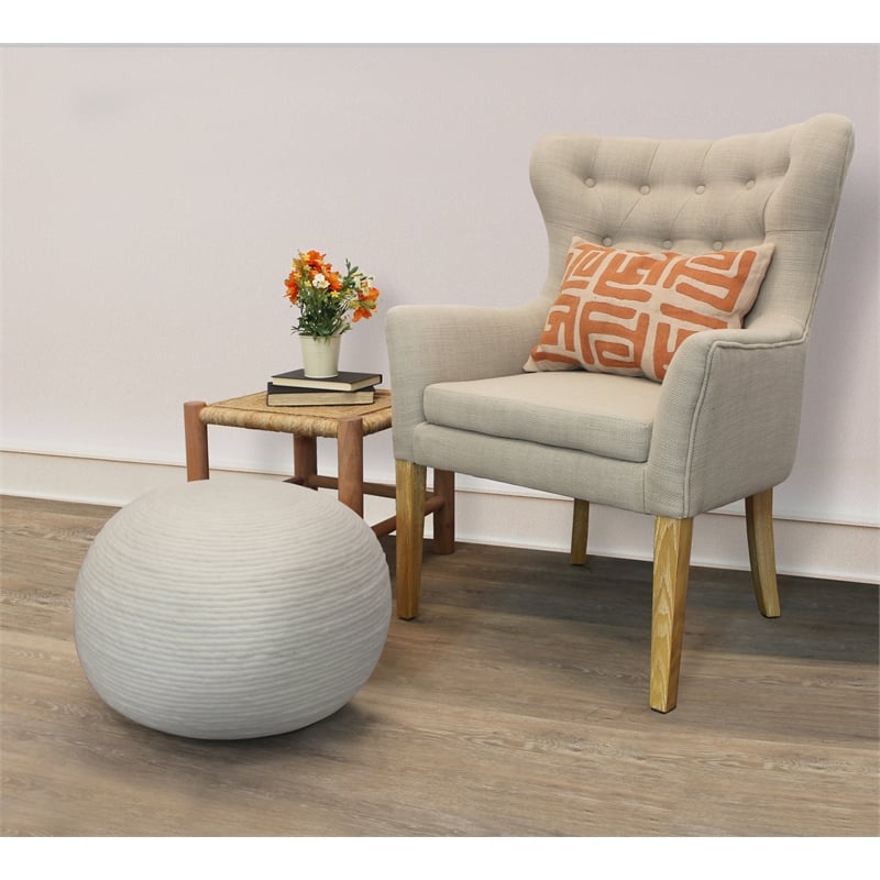 Ellie Modern Round Pouf in Ivory Wool with Polyester Filling
