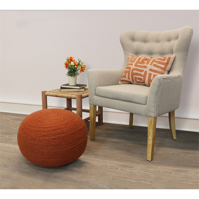 Ellie Modern Round Pouf in Orange Wool with Polyester Filling