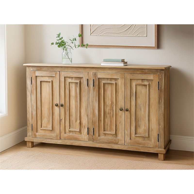 Bayside Jensen 4-Door Solid Wood Sideboard in Distressed Natural Finish