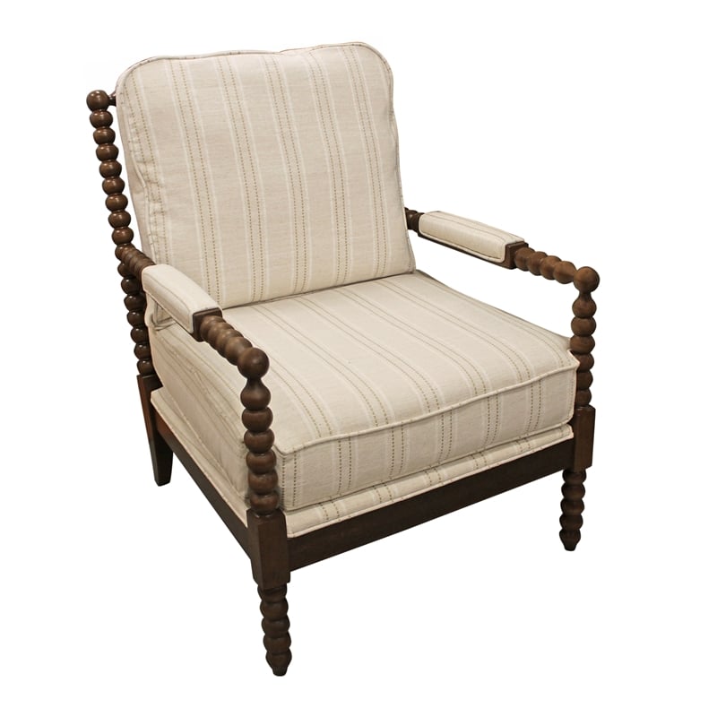 Wyndham Natural Stripe Linen Fabric Occasional Chair w/ Solid Rubberwood Frame
