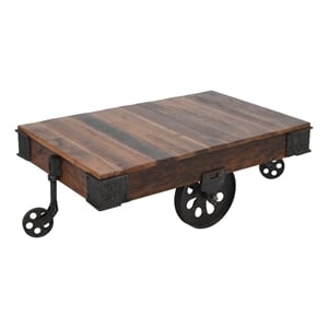 Metal And Reclaimed Wood Cart Coffee/Cocktail Table in Brown with Wheels