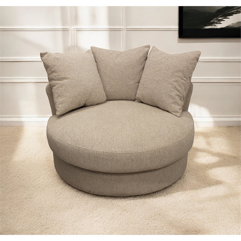 Vista Swivel Chair-and-a-Half Loveseat in Beige Fabric with 3 Toss Pillows