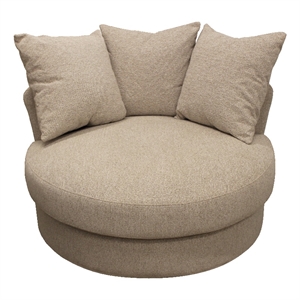 vista swivel chair in sand beige linen fabric with 3 toss pillows