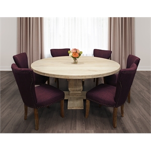 Benedict 7-piece Dining Set - 70&quot Round Table in White and 6 Purple Linen Chairs