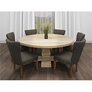 Benedict 7-piece Dining Set -70&quot Round Table in White & 6 Dark Gray Linen Chairs