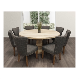 Benedict 9-piece Dining Set -70&quot Round Table in White & 8 Dark Gray Linen Chairs