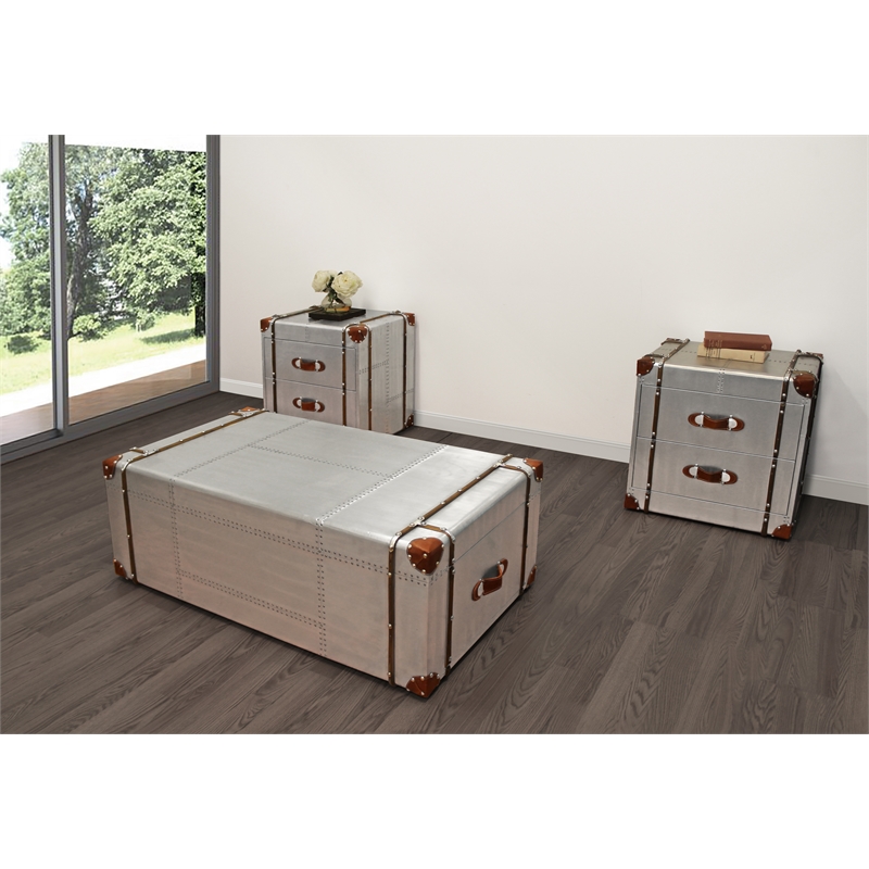 Aviator 3-Piece Coffee Table Set - Coffee Table & 2 End Tables - Leather Accents