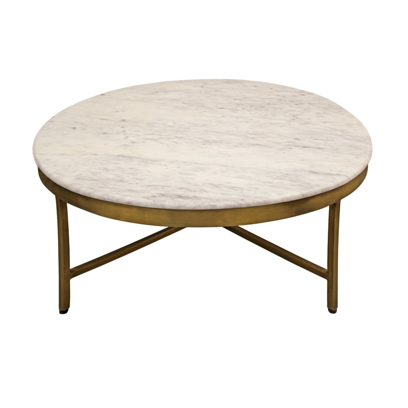 Orlando Carlton Ivory Marble Top Round Coffee Table on Brass Color Iron Base
