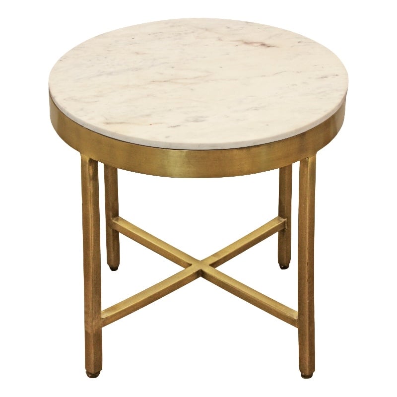 Orlando Carlton Ivory Marble Top Round Side Table on Brass Color Iron Base