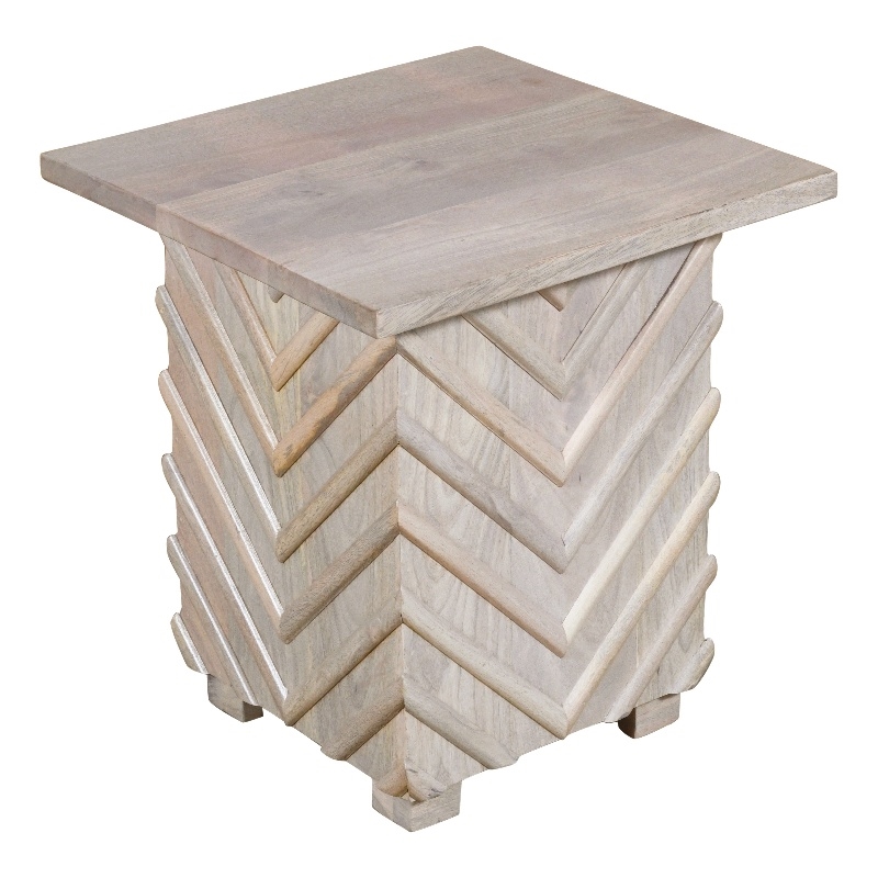 Zane Mango Solid Wood End Table with Zig-Zag Pattern in White Wash