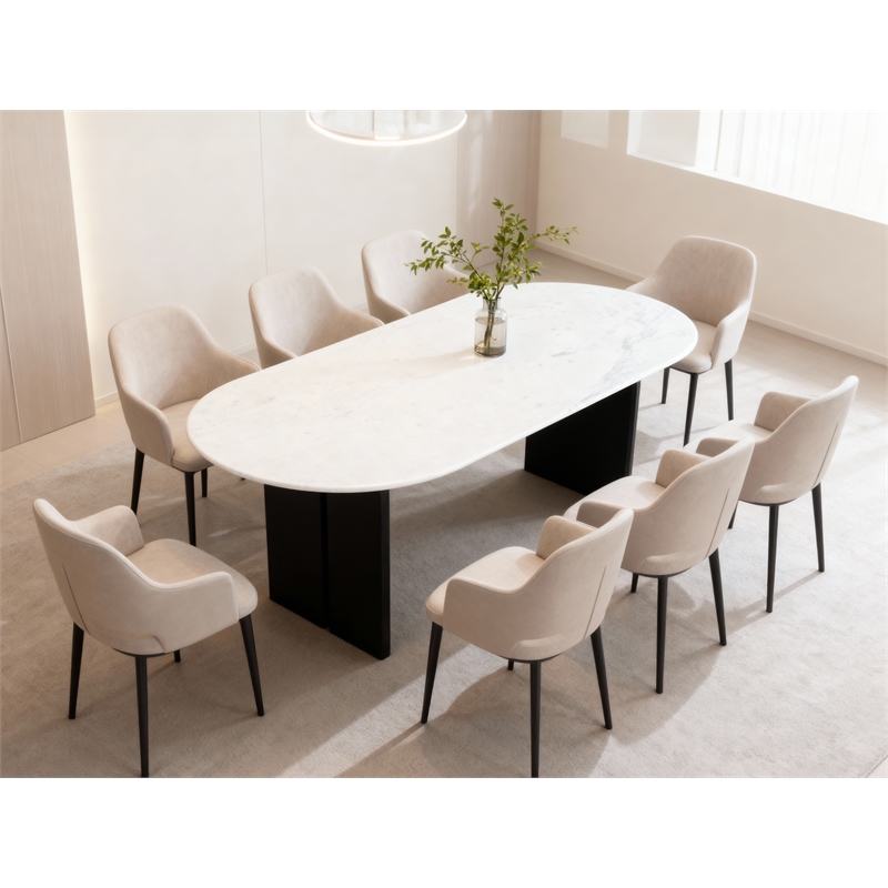 Terra White Marble Top Oval Dining Table with Solid Wood Base