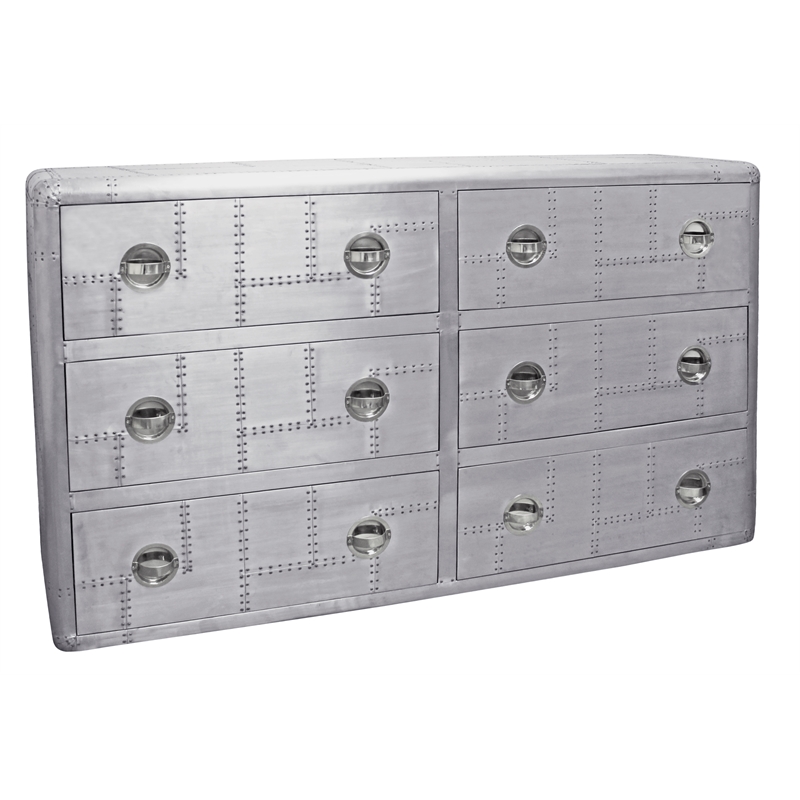 Pilot 6-Drawer Dresser with Hatch pulls in Silver Aluminum and Solid Wood