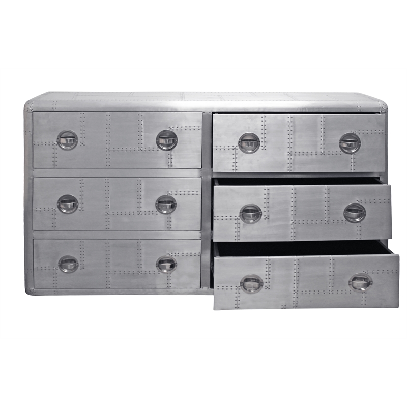 Pilot 6-Drawer Dresser with Hatch pulls in Silver Aluminum and Solid Wood