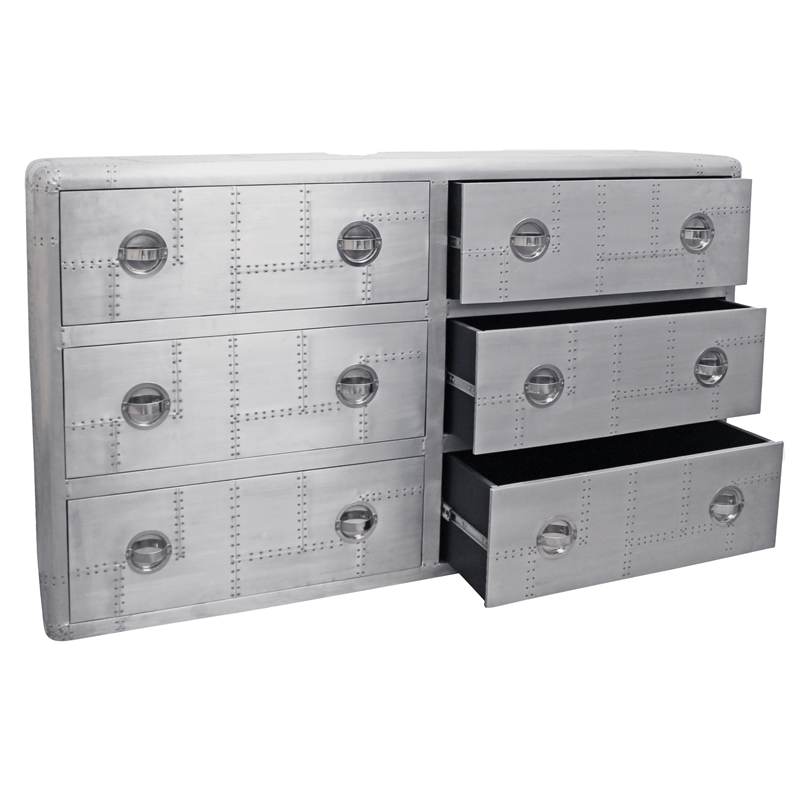 Pilot 6-Drawer Dresser with Hatch pulls in Silver Aluminum and Solid Wood