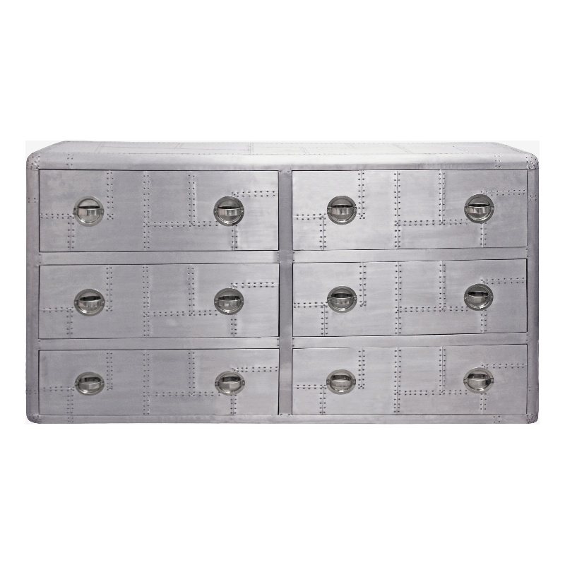 Pilot 6-Drawer Dresser with Hatch pulls in Silver Aluminum and Solid Wood