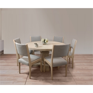 Benedict 58&quot Solid Wood Round Dining Set with 6 Ash Chairs in Silver Boucle