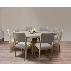 Benedict 70&quot Solid Wood Round Dining Set with 8 Ash Chairs in Silver Boucle
