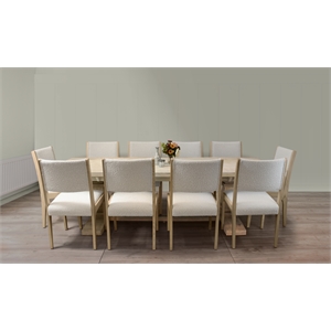 Benedict Extendable Dining Set with 10 Solid Wood Chairs in Ivory Boucle Fabric