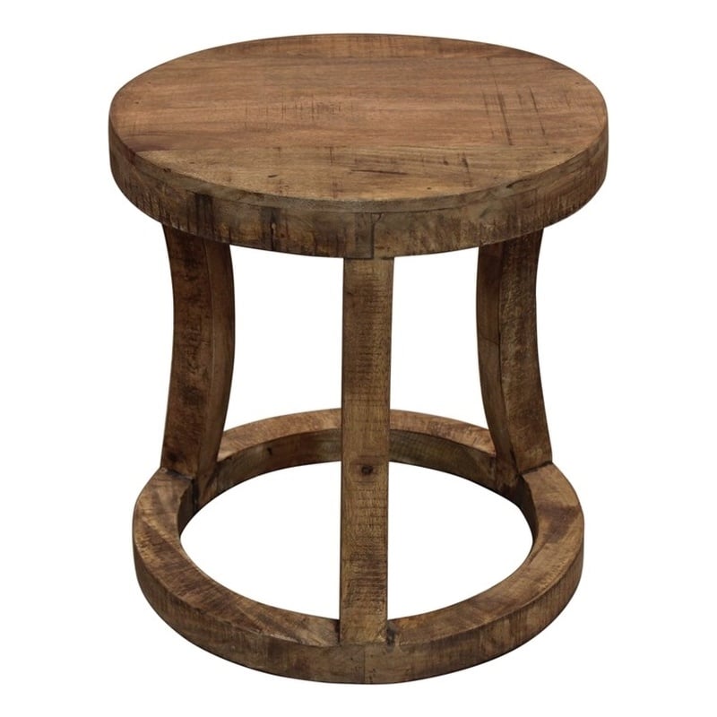 Koda Solid Wood Round Accent Stool With Circle Base in Natural Brown Finish